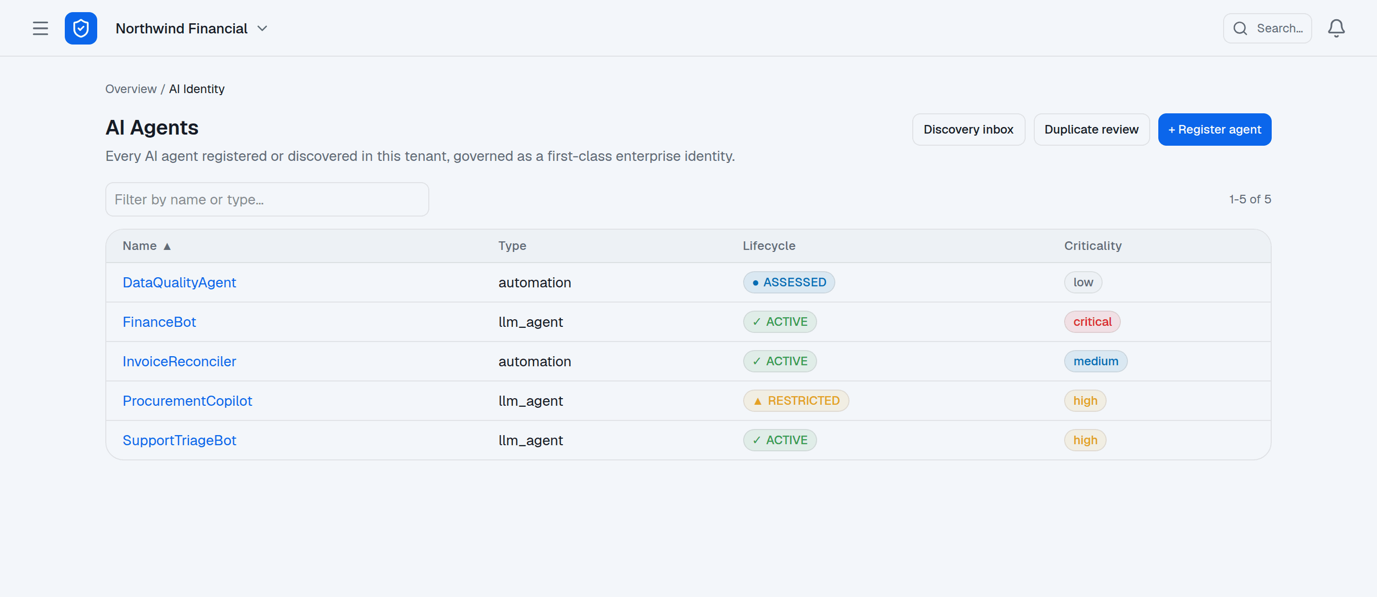 The AI Agents inventory listing FinanceBot, SupportTriageBot, InvoiceReconciler, ProcurementCopilot and DataQualityAgent with lifecycle state, criticality and owner.